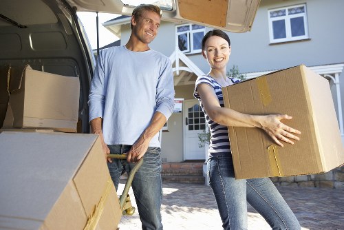 Packed boxes and furniture prepared for storage in Hampton
