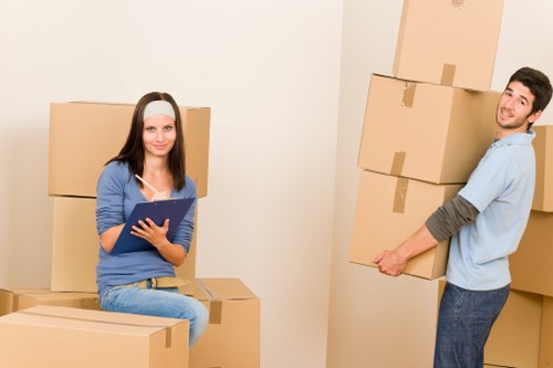 Organized temporary storage space with boxes and furniture